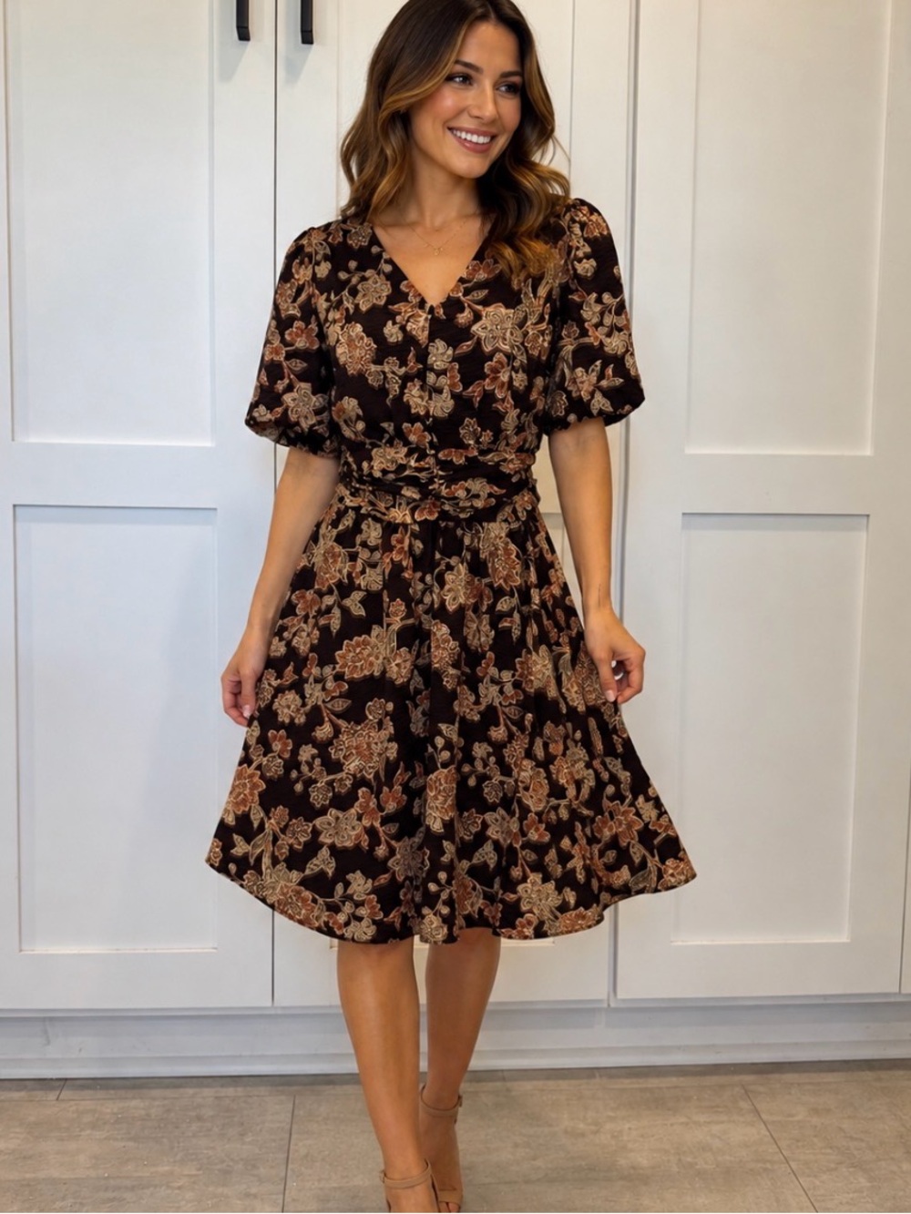 NWT Lucky Brand Womens Floral V-Neck rouched Dress in Brown Sz L